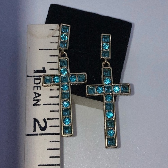 Heidi Daus Blue Swarovski Crystal Large Cross Statement Earrings Approx 2” - Picture 7 of 7